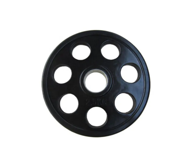 Czarny talerz do obciążania sztangi z siedmioma otworami, pokryty gumą