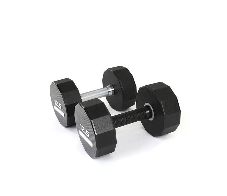 Twarde, chromowane uchwyty do podnoszenia ciężarów. 12-stronne hantle uretanowe